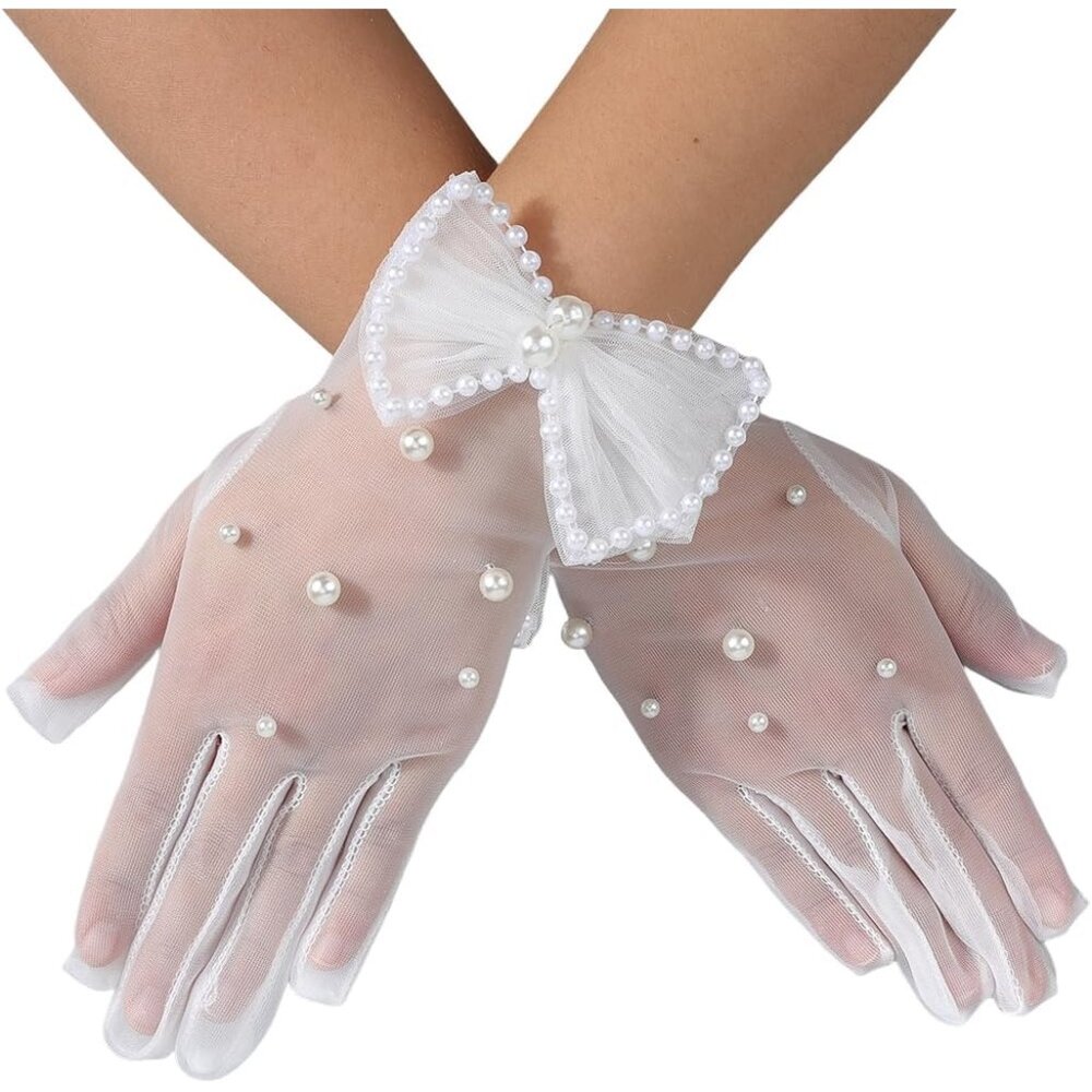 Women's Elegant Embroidered White Short Lace Fabric Glove Cosplay Accessories